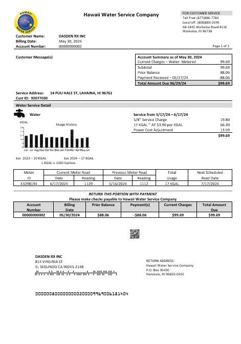 USA Hawaii Water Service Company business utility bill template in Word and PDF formats